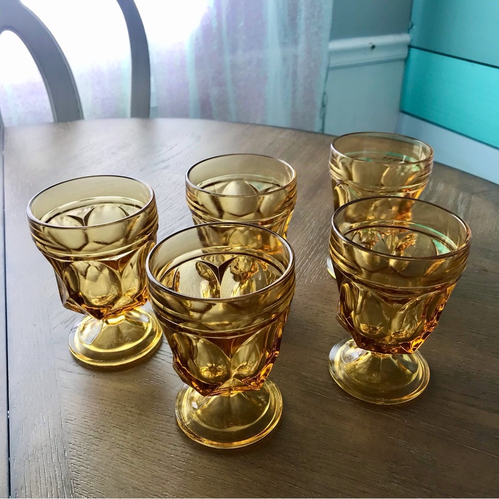MCM Vintage Anchor Hocking Glass Fairfield Amber On The Rocks Glasses  Set of 5.